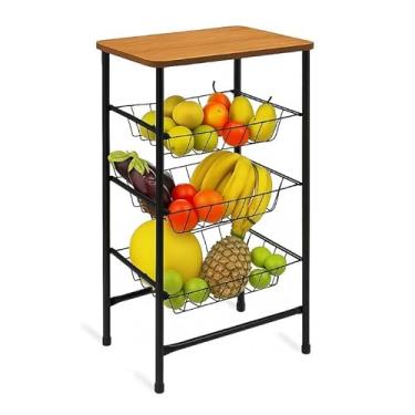 Imagem de Fruteira de Chão Cozinha Tampo de Madeira Tubo Aço Ferro Resistente (Preta)