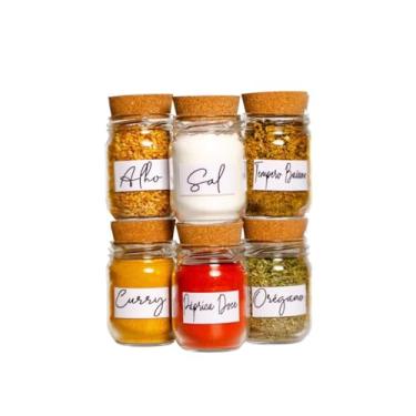 Imagem de Kit 10 Potes de Vidro para Temperos 200ml com 42 Adesivos Organizadores, Porta Condimentos Transparente para Cozinha e Despensa (6 Potes + Cartela Branca)