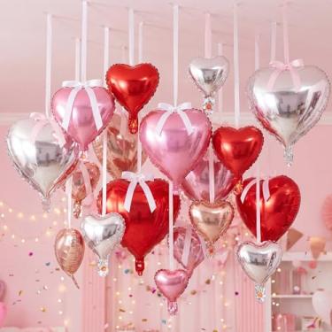 Imagem de TaoBary Conjunto de 24 balões em formato de coração e prata vermelha rosa ouro rosa hélio 45,7 cm, laço de fita vermelha preta com laço torcido para decoração de festa de noivado no dia dos namorados