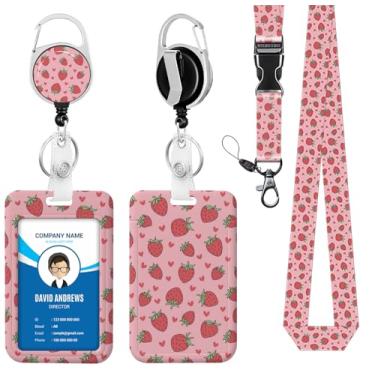 Imagem de Cordão para crachá de identidade, carretel de crachá, fofo, morango, rosa pastel para homens, mulheres, fofo, enfermeira, professor, nome, etiqueta, clipe retrátil, chaveiro resistente, trabalho