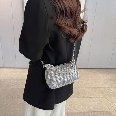 Imagem de Bolsa clutch feminina para noite com strass, bolsa tiracolo pequena brilhante, bolsa de festa moderna, Prata, Bolsas transversais