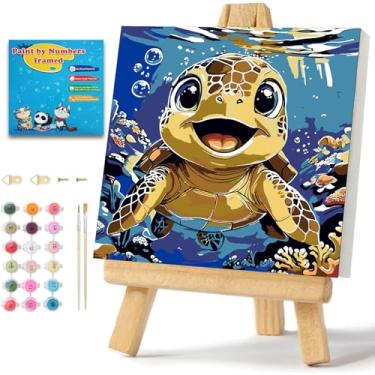 Imagem de ICYANART Kits de pintura por números para crianças com moldura e cavalete conjunto de tinta acrílica de desenho animado de tartaruga por número para crianças de 8 a 12 anos para presente criativo e