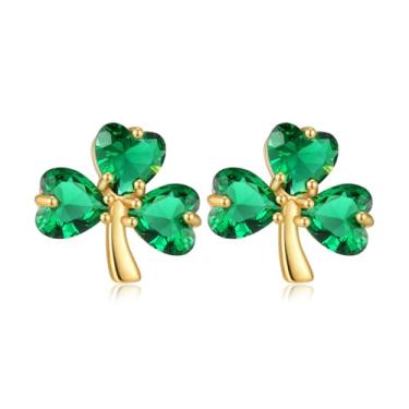Imagem de Brincos de trevo de Dia de São Patrício para mulheres, brincos de trevo de cristal verde esmeralda, brincos irlandeses da sorte em tom dourado para roupas do dia de São Patrício, joias fofas mínimas