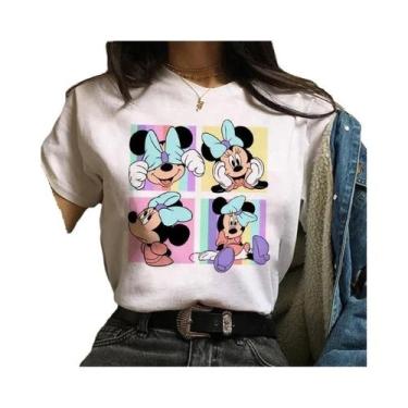 Imagem de Camiseta Feminina Kawaii Disney Mickey Minnie Mouse Com Estampa De Alg