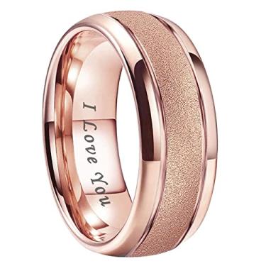 Imagem de TUTISS Anéis de carboneto de tungstênio jateado de ouro ouro rosa de 6 mm, 8 mm, para homens e mulheres, alianças de casamento com gravação I Love You, ajuste confortável, Metal não precioso, Sem pedra preciosa