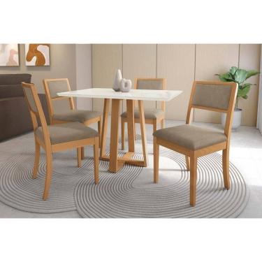 Imagem de Sala Jantar Mesa Elma Premium Madeira Maciça c/ Tampo Madeirado c/ Vidro 120x80cm e 4 Cadeiras Alice Carvalho/Off White - Boucle Bege Fendi-Kappesberg