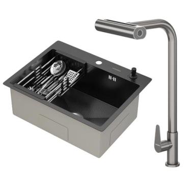 Imagem de Kit Cuba Gourmet Mônaco Preto Aço Inox 304 e Torneira Gourmet Tóquio G