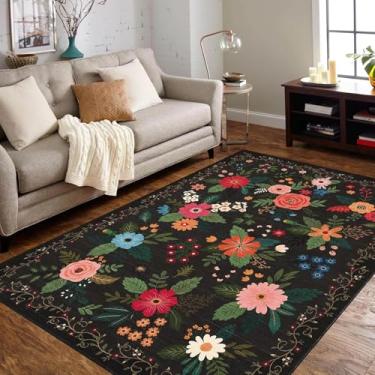 Imagem de GarveeHome Tapetes de área 20 x 25 cm Boho Floral Antiderrapante Pelo Baixo Lavável à Máquina Tapete Grande para Sala de Estar, Quarto, Casa de Fazenda, Sala de Jantar, Sala de Jogos Infantil, Preto