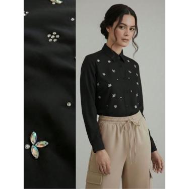 Imagem de Camisa Social Feminina com Strass Variados Furta-cor Preto Blusa de Lu