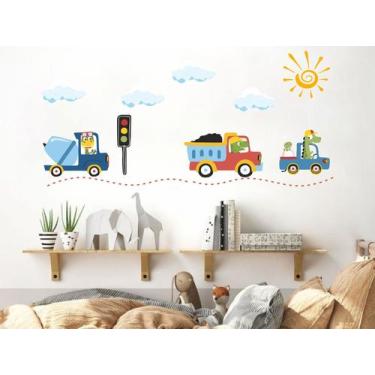 Imagem de adesivo de parede dinossauro carros decoração infantil caminhão sol nu