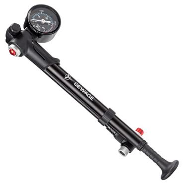 Imagem de Bomba de choque para montanha, bicicletas de estrada e motocicletas - 300 Psi de alta pressão para garfo dianteiro e bomba de choque de ar de suspensão traseira com medidor - Mini bomba portátil com