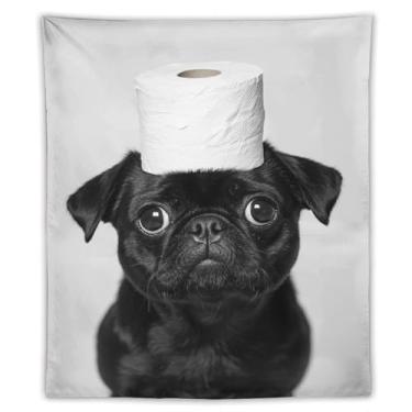 Imagem de Tapeçaria de chapéu de papel higiênico de cachorro Pug preto e branco impressão artística para quarto sala de estar dormitório decoração de casa com design engraçado de pequeno animal de estimação
