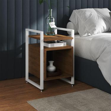 Imagem de Mesa De Cabeceira Industrial Marrocos Ferro Branco E Tampo Amêndoa