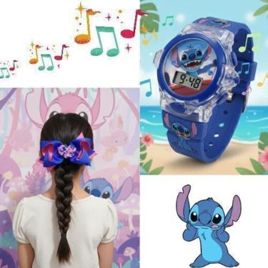 Imagem de Kit relógio Infantil Digital Pisca Luz Led colorida Musical + Laço de Cabelo rabicó Presilha lacinho Stitch angel 3D