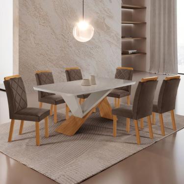Imagem de Mesa De Jantar Yasmin 180 Tampo Com Vidro 6 Cadeiras Melissa Veludo Marrom/nat/off/serig. Off