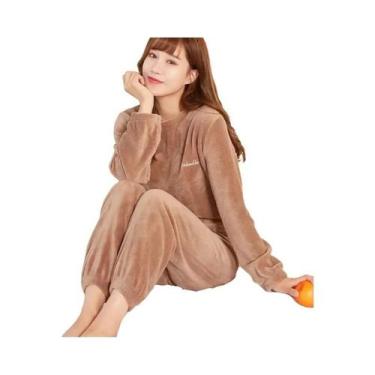 Imagem de Conjunto De Pijama Feminino De Veludo Quente Com Blusa Solta De Fleece