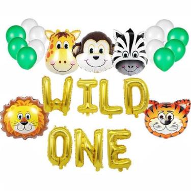 Imagem de Kit de balões Wild One 25 unidades Mylar Monkey Tiger Deer Zebra Lion 