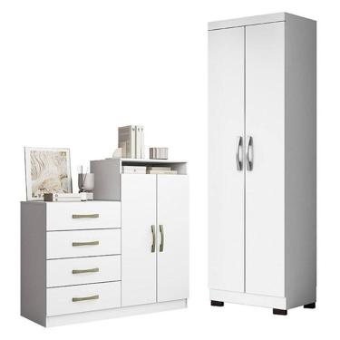 Imagem de Cômoda Sapateira Londres 2004142 e Armário Multiuso New 2000192 Branco Tx com Pés Preto - Aramóveis