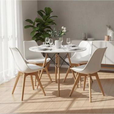Imagem de Kit Mesa Jantar Eiffel 90cm Branca + 4 Cadeiras Leda Brancas