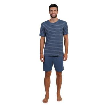 Imagem de Pijama Masculino Curto Poliamida Listrado Azul Egeo - 268012 - Podiun,