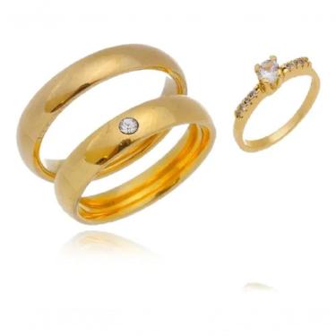 Imagem de Par De Alianças 6mm Banhada A Ouro 18k Tradicional Com Pedra