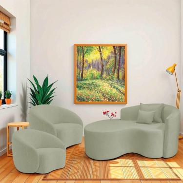 Imagem de Kit Recamier Curvo Sala De Estar 150cm Lado Esquerdo E 2 Poltronas Orgânica Amore Bouclé Verde Oliva