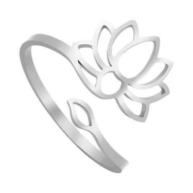Imagem de Anel Feminino Ajustável De Lótus Vazado Em Aço Inoxidável Retrô Elegan