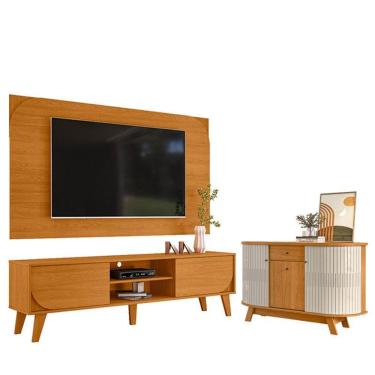 Imagem de Rack Bancada E Painel Para Tv Duna Cinamomo Com Aparador Para Sala Buffet Monza Cinamomo Off White - Madetec