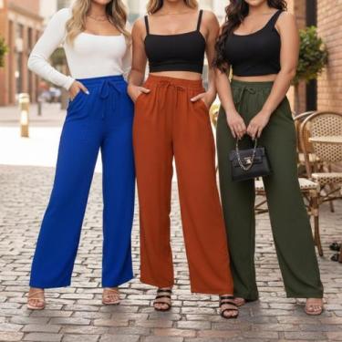 Imagem de Kit Com 3 Calças Pantalona Wide Leg Cintura Alta Duna Feminina Social 