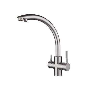 Imagem de Akitbahome Torneira de pia de cozinha moderna com 2 saídas de água, torneiras de cozinha 2 em 1, torneira de água potável, níquel escovado