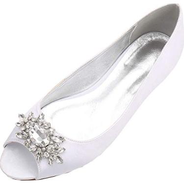 Imagem de Sapato de casamento feminino peep toe strass sem salto para noivas dama de honra, Branco, 8.5