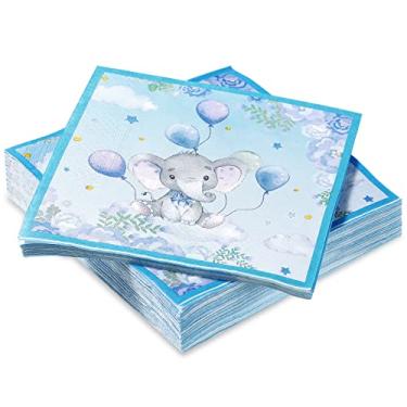 Imagem de 100 pacotes tema elefante chá de bebê 2 camadas guardanapos de papel descartáveis bebê guardanapos azuis convidados jantar guardanapos de mão para chá de bebê crianças tema elefante suprimentos para festa de aniversário, 16,5 x 16,5 centímetros