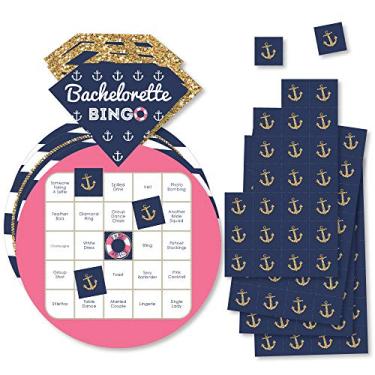 Imagem de Big Dot of Happiness Last Sail Before the Veil – Cartas e marcadores de bingo de bar – Jogo de bingo náutico de despedida de solteira e chá de panela – Conjunto de 18