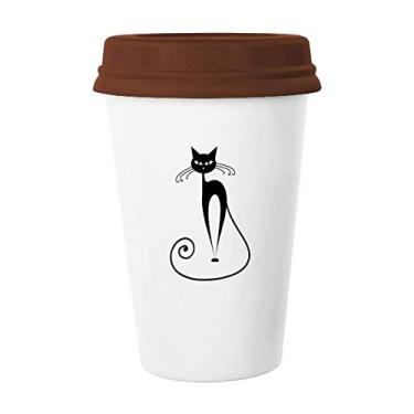 Imagem de Caneca com desenho de animal de gato preto cauda longa caneca copo de cerâmica copo de café