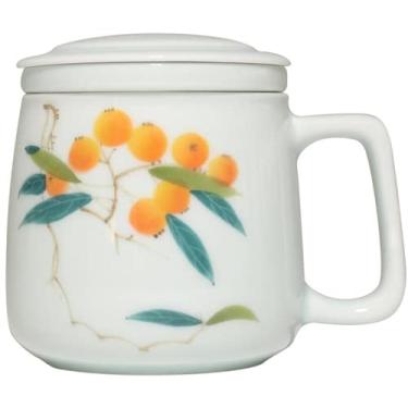 Imagem de PAYNAN Caneca Loquat de cerâmica com estampa de xícara de café, pires, filtro de chá, separação de chá, xícara para casa e escritório