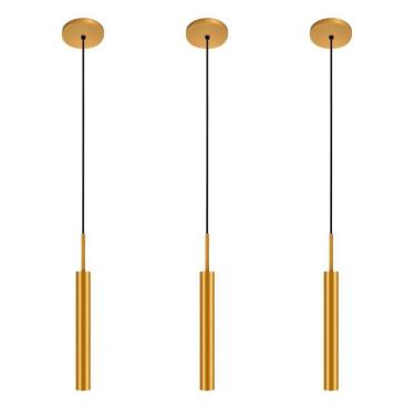Imagem de Kit 3 Pendentes Luminária Teto Tubo Sala Quarto Dourado 40Cm