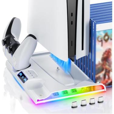 Imagem de Suporte para ventilador de resfriamento para PS5 Slim Disc/Digital Edition com 2 estações de carregamento de controlador, luzes LED RGB, 8 slots de jogo, kit de acessórios PS5 Slim. (Branco)