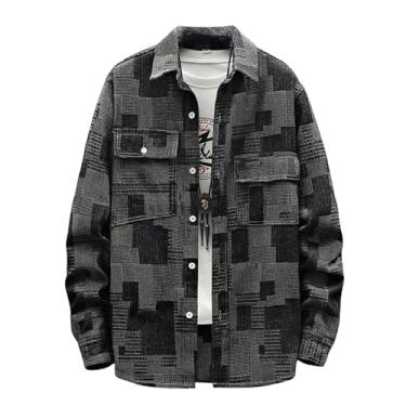 Imagem de Camisa jeans masculina, manga comprida, estampa xadrez, botões frontais, gola aberta, bolsos laterais, Preto, XXG