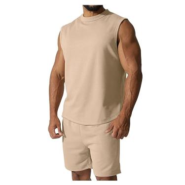 Imagem de Conjunto masculino de 2 peças com gola redonda e short sem mangas, cor sólida, combinando com camisa polo, Cáqui, X-Large