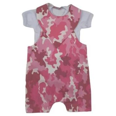 Imagem de Conjunto Jardineira Camuflada + Body Manga Curta + Babador - Roupa Bebê Menina-Feminino