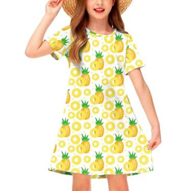 Imagem de Deerose Vestidos de Páscoa para meninas manga curta verão vestido camiseta tropical 5-14 anos, Amarelo abacaxi, 11-12 Anos