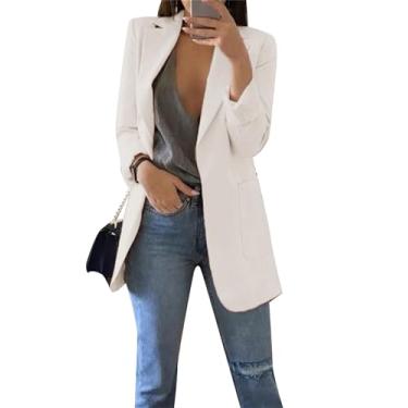 Imagem de BOFETA Blazer feminino cor sólida cardigã casual manga longa blazer plus size com bolsos, Branco, 4G