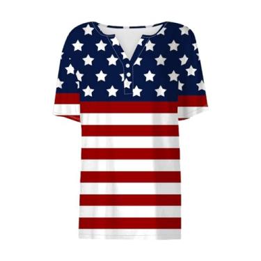 Imagem de Camiseta feminina com estampa patriótica Star Stripes bandeira americana 2024 4 de julho gola Henley verão casual, Preto, G