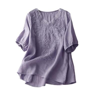 Imagem de Blusas femininas de linho de algodão manga curta Henley camisas abotoadas gola V casual trabalho túnica bordada, Roxa, M