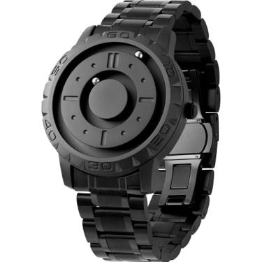 Imagem de EUTOUR Relógios masculinos magnéticos 3D PVD relógio de quartzo suíço, à prova d'água, pulseira de aço de resina/couro, mostrador preto