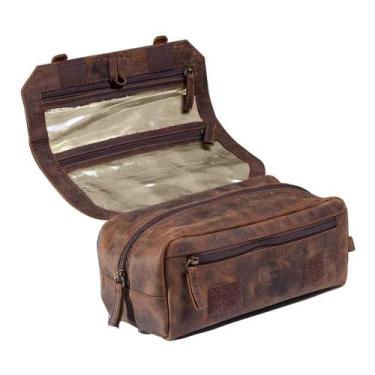 Imagem de Necessaire Unissex Cinnamon Couro Bovino Marrom Rústico Forro Impermeá