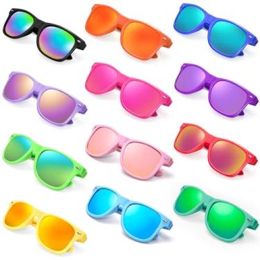 Imagem de Geopty Pacote com 12 óculos de sol neon para festa, óculos de sol coloridos retrô dos anos 80, lembrancinhas de festa, conjunto de lentes espelhadas