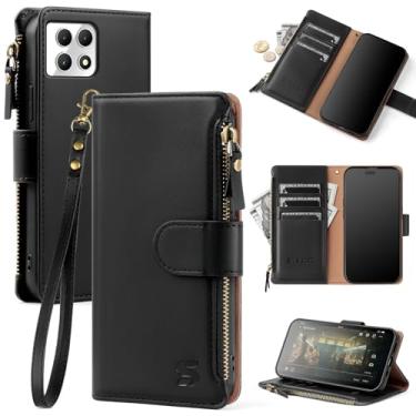 Imagem de Shieldtop Capa carteira compatível com T-Mobile REVVL 7 5G com suporte para cartão, capa flip de couro PU com bloqueio de RFID, alça de pulso com zíper, compartimentos para cartão de crédito, capa de