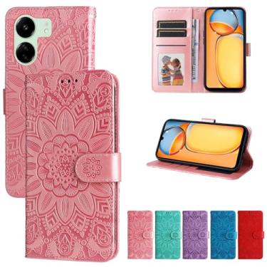 Imagem de Monwutong Capa carteira de telefone para Redmi 13C, Sunward Flower Embossing PU Leather Case com fecho magnético e slots de cartão de dinheiro coldre para Redmi 13C 4G/5G, XYH rosa