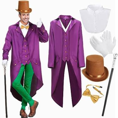 Imagem de Mepase 6 Pcs Halloween Costume for Adult Men Include Tailcoat Top Hat Scepter Gloves Bow Tie and Collar for Movie Cosplay (Large)